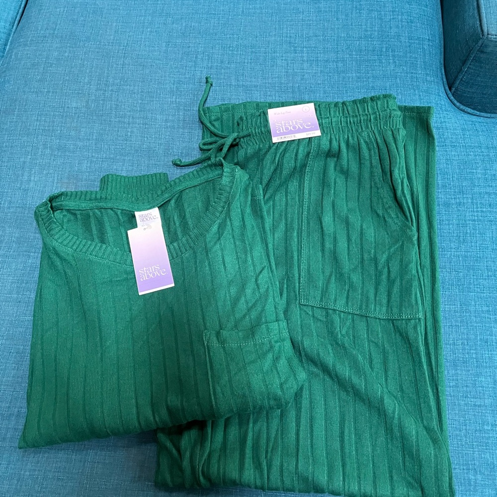 Loungewear Green Ribbed Knit Sweater and Pants Set